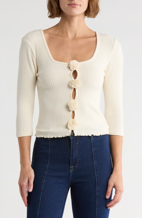 Rosette Scoop Neck Knit Top
