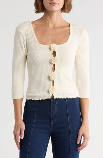 Vigoss Rosette Scoop Neck Knit Top In Neutral