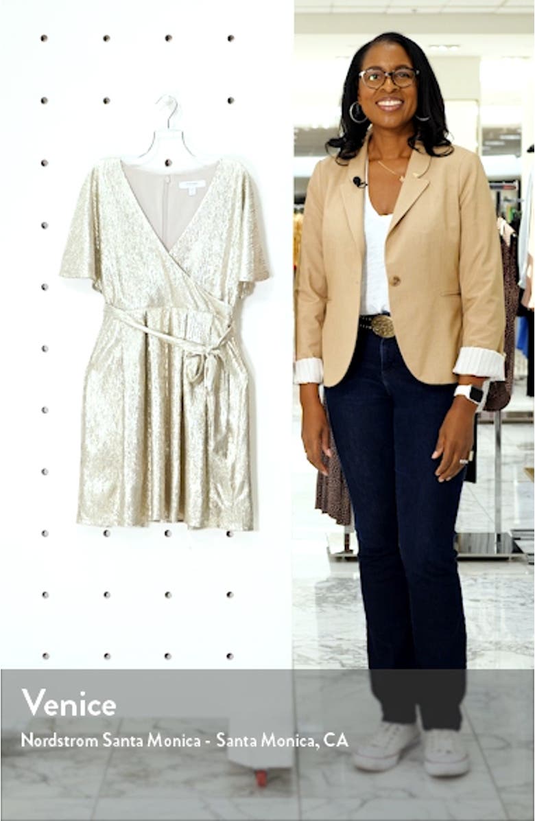 Metallic Short Sleeve Faux Wrap Dress, sales video thumbnail