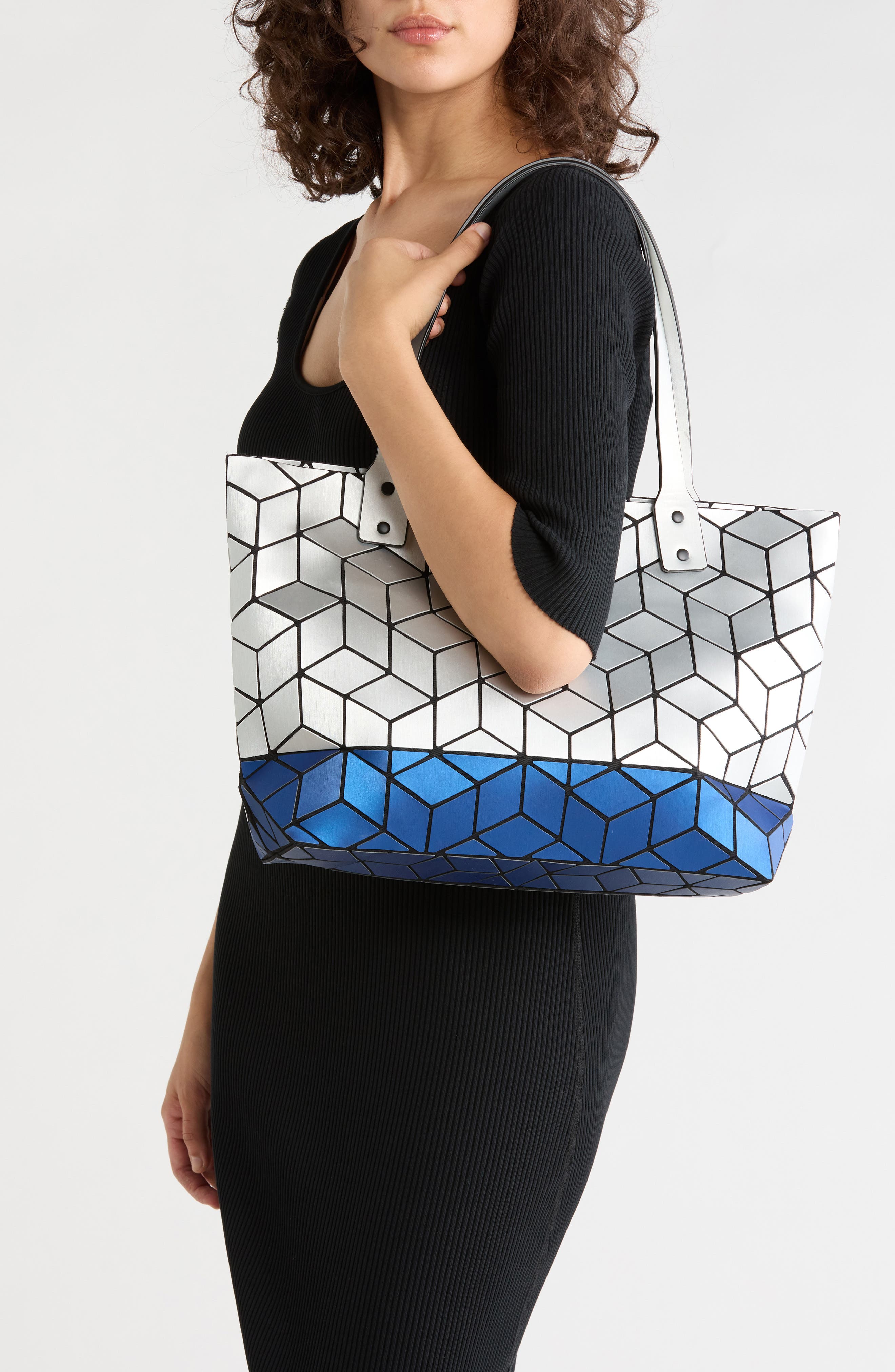 Two Tone Geo Faux Leather Tote, Alternate, color, M.SILVER/ S.SILVER