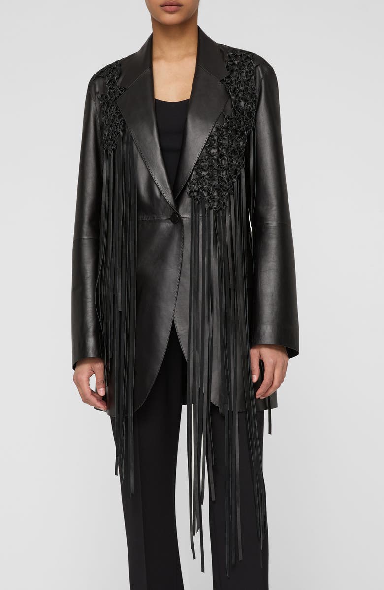 Lafayette 148 New York Macramé Fringe Leather Blazer, Main, color, Black