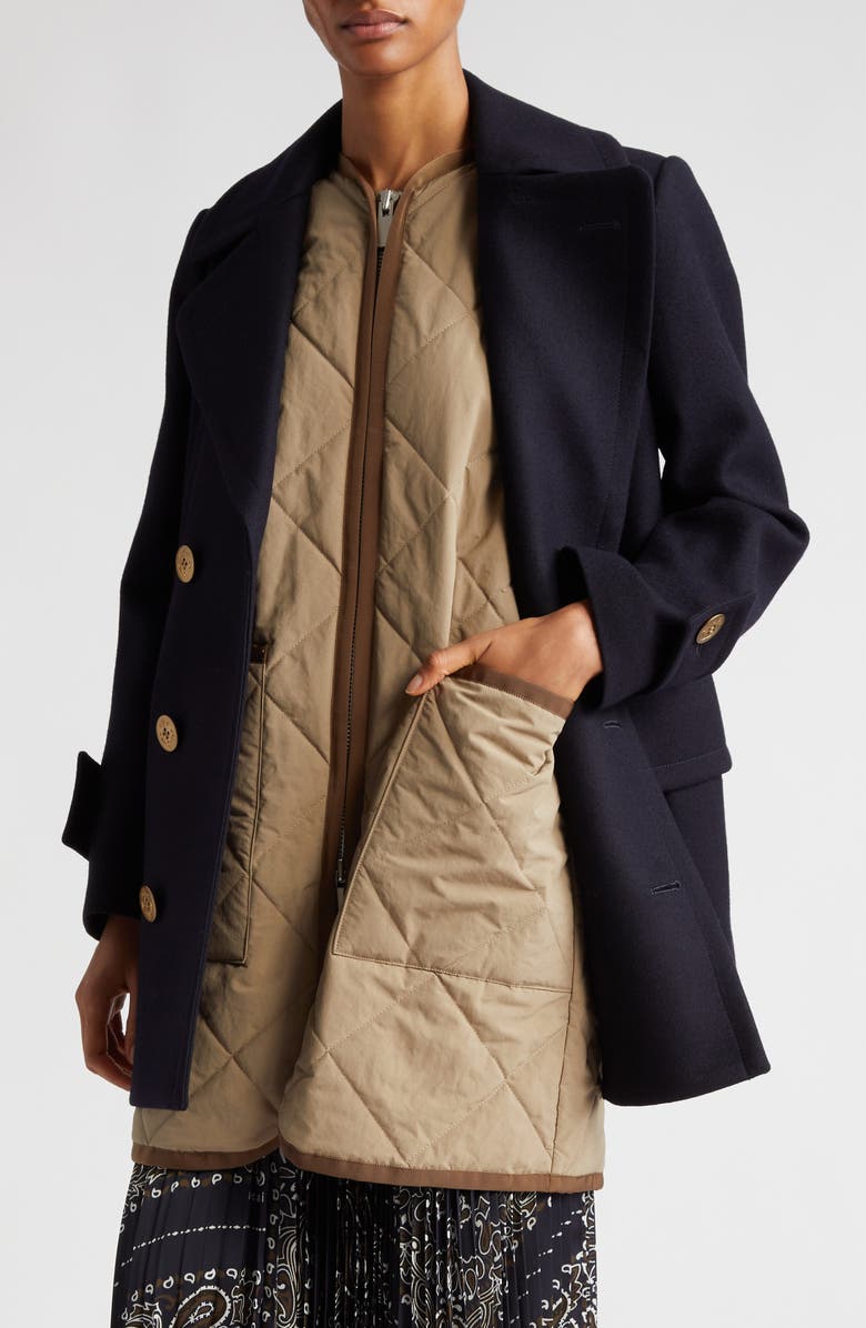 Sacai Double Breasted Wool Melton Coat, Alternate, color, 