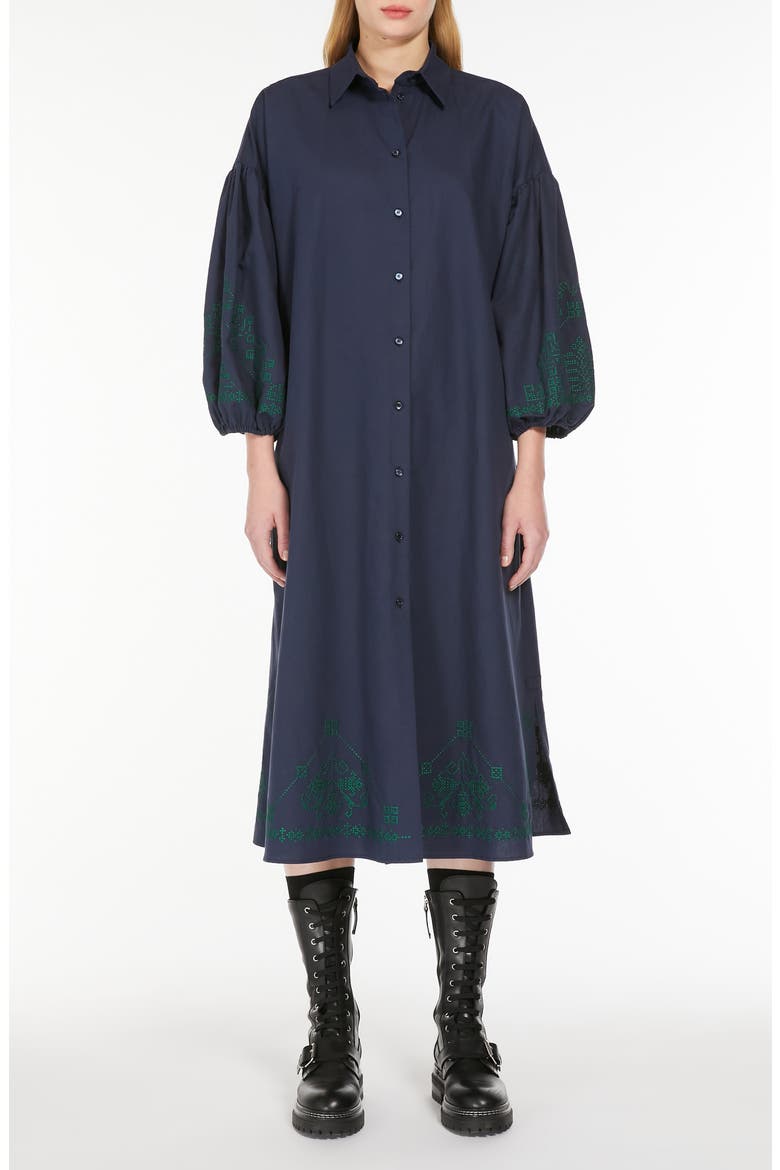 Ossola Embroidered Detail Long Sleeve Cotton& Linen Midi Shirtdress, Main, color, NAVY