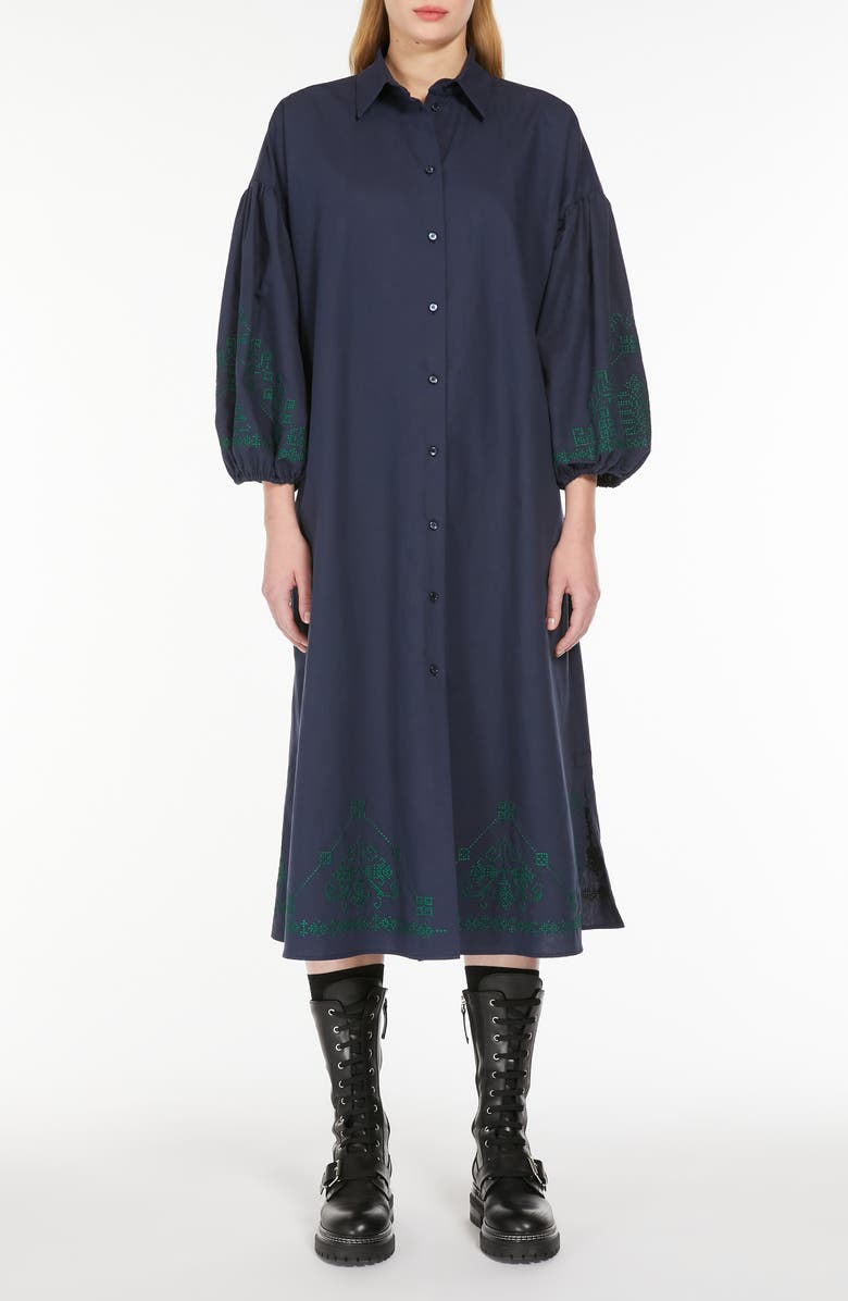 Weekend Max Mara Ossola Embroidered Detail Long Sleeve Cotton& Linen Midi Shirtdress, Main, color, 