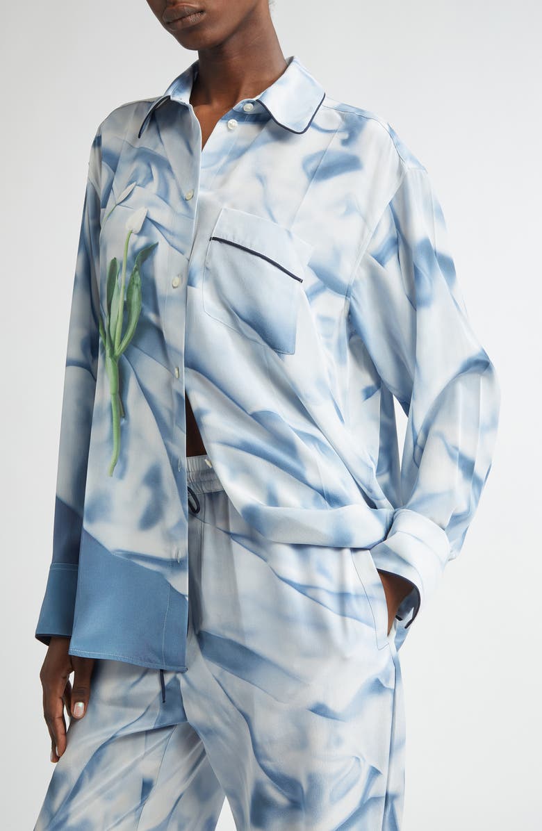 Victoria Beckham Piped Floral Silk Satin Button-Up Pajama Shirt, Alternate, color,