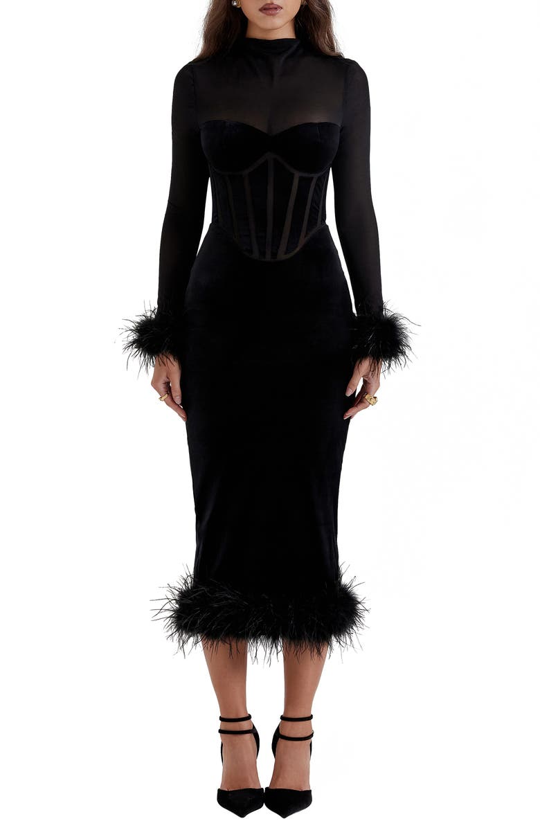 HOUSE OF CB Lianna Feather Trim Long Sleeve Corset Midi Dress, Main, color, Black