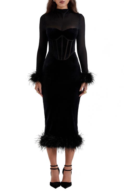 Black dress fashion with feather sleeves