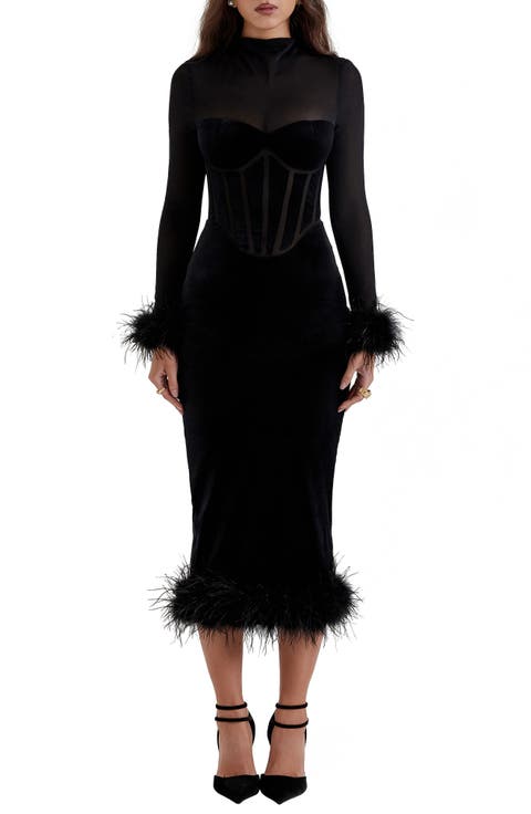 Lianna Feather Trim Long Sleeve Corset Midi Dress