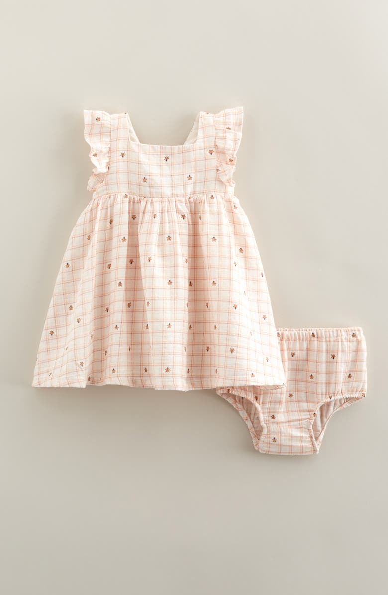 Nordstrom Flutter Sleeve Tie Back Cotton Muslin Sundress & Bloomers, Main, color, Pink Pretty Ladybug Plaid