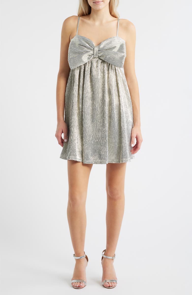 Jump Apparel Metallic Bow Babydoll Minidress, Main, color, Champagne