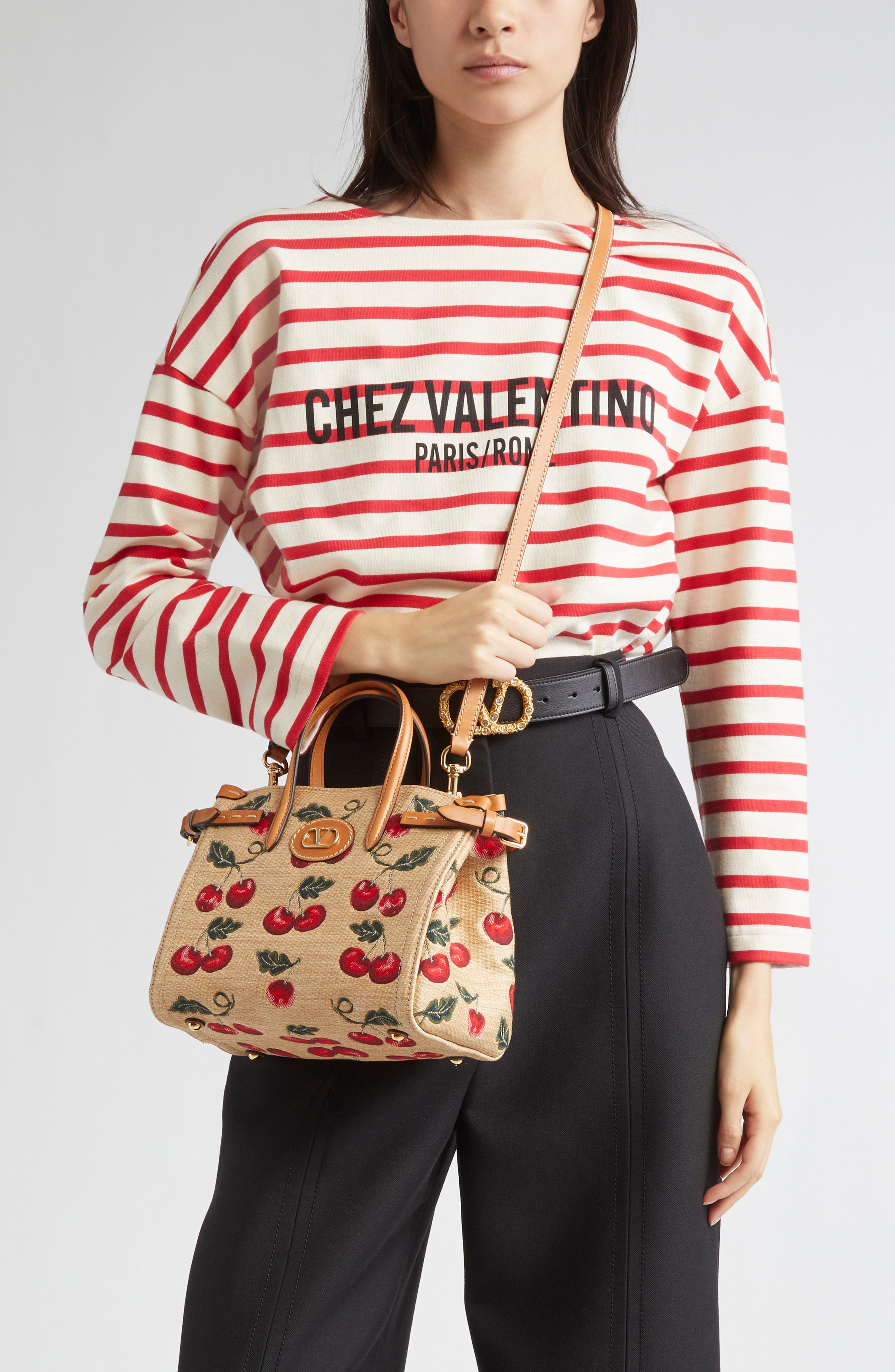 Valentino Garavani Small Antibes Cherries Jacquard Tote, Alternate, color, 