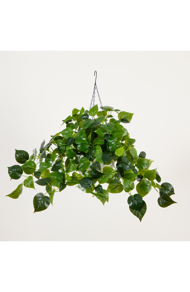 NEARLY NATURAL 24-in UV Resistant Artificial Philodendron with 50 Warm White LED Lights in White Hanging Basket, Alternate, color, Green