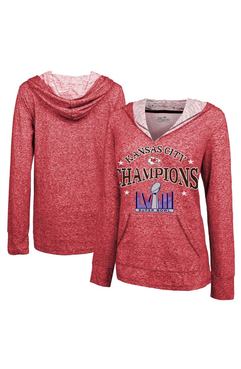 Majestic Threads Women's Majestic Threads  Red Kansas City Chiefs Super Bowl LVIII Champions Dunk Slub Pullover V-Neck Hoodie, Main, color, Red