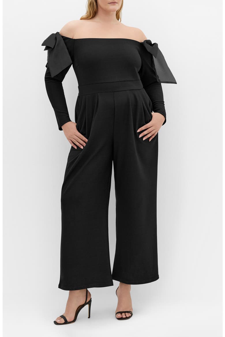Stacie Off the Shoulder Bow Long Sleeve Jumpsuit, Main, color, BLACK