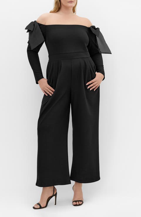 Stacie Off the Shoulder Bow Long Sleeve Jumpsuit (Plus)