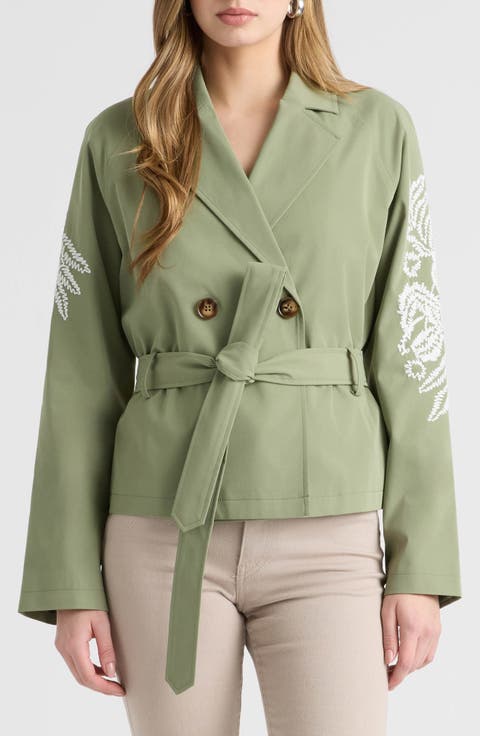 Embroidered Belted Crop Trench Coat