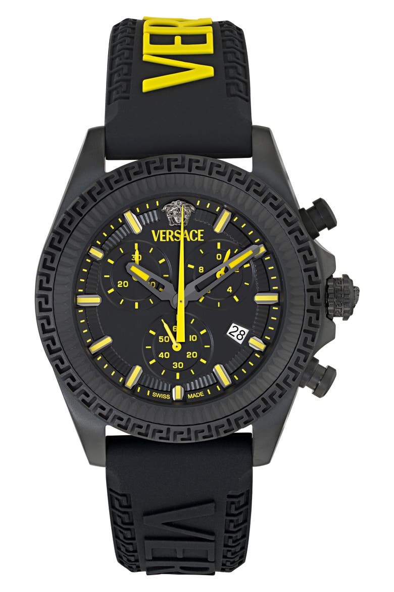 Fornax Chronograph Silicone Strap Watch, 43mm, Main, color, IP BLACK