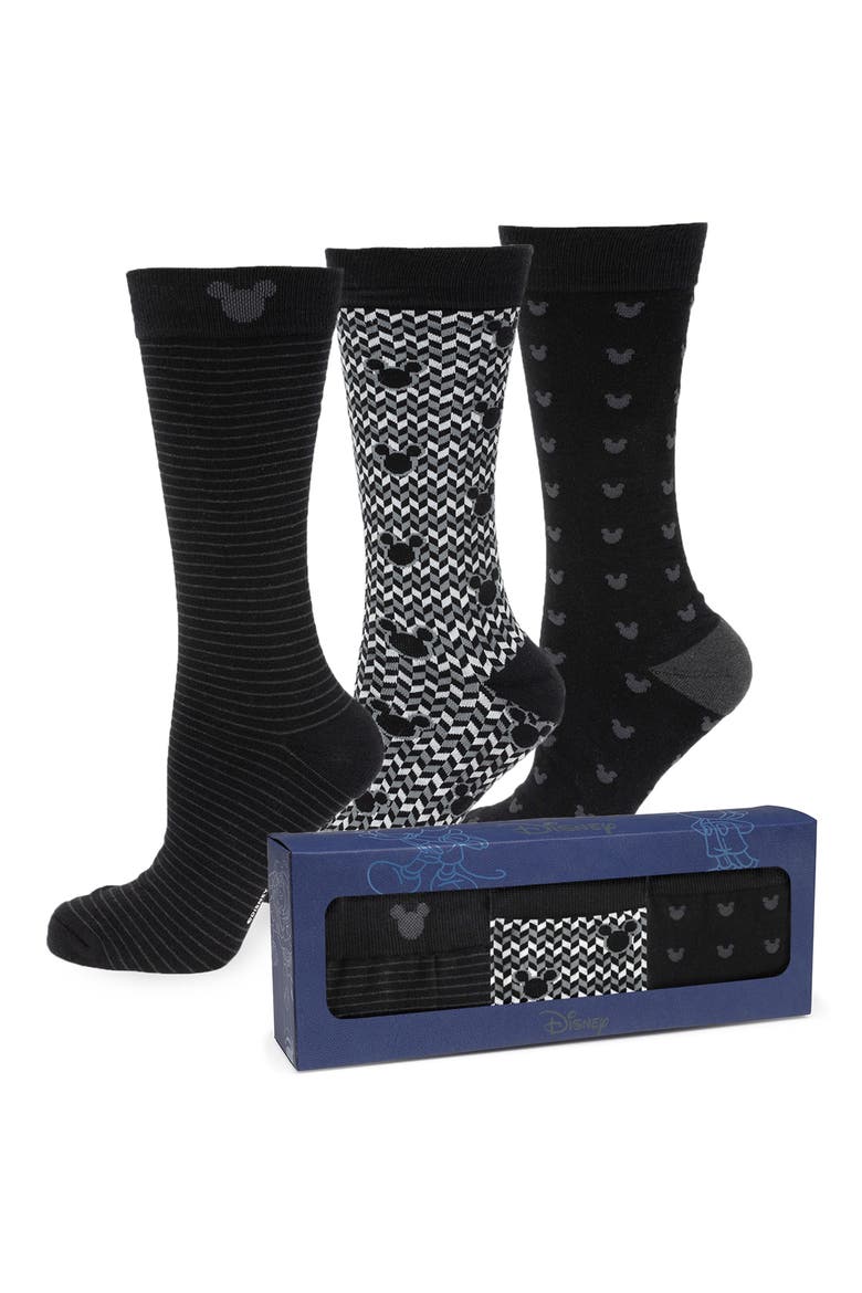 x Disney Mickey & Friends Assorted 3-Pack Cotton Blend Dress Socks & Lapel Pin Gift Box Set, Alternate, color, BLACK