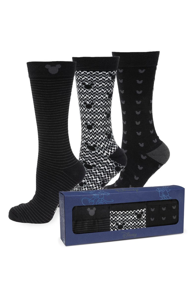 Cufflinks, Inc. x Disney Mickey & Friends Assorted 3-Pack Cotton Blend Dress Socks & Lapel Pin Gift Box Set, Alternate, color, Black