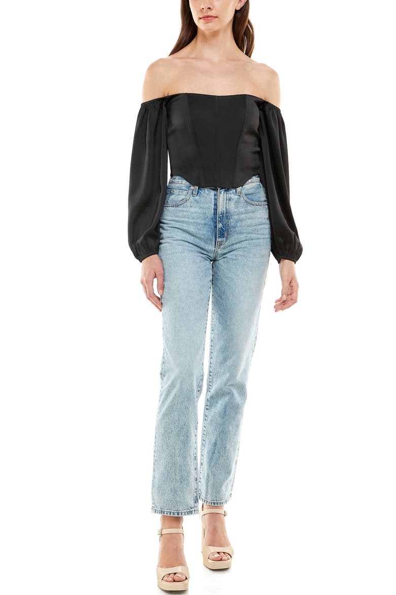 Nightcap Off the Shoulder Bustier Top, Alternate, color, BLACK