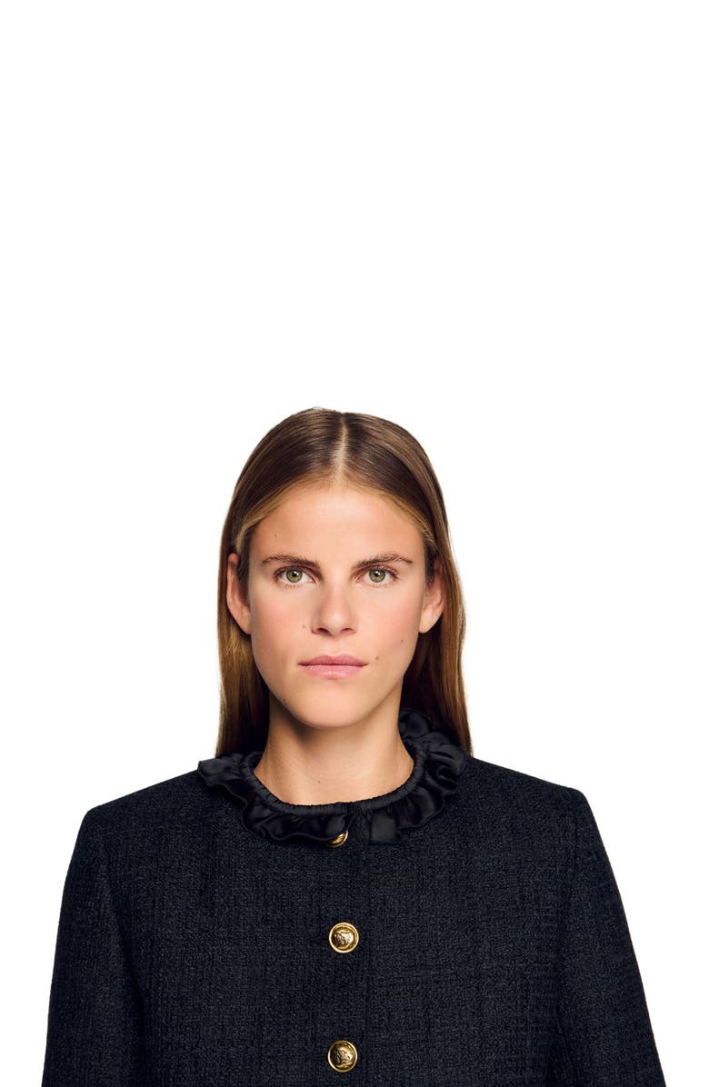 SANDRO Ruffled tweed jacket, Alternate, color, Black