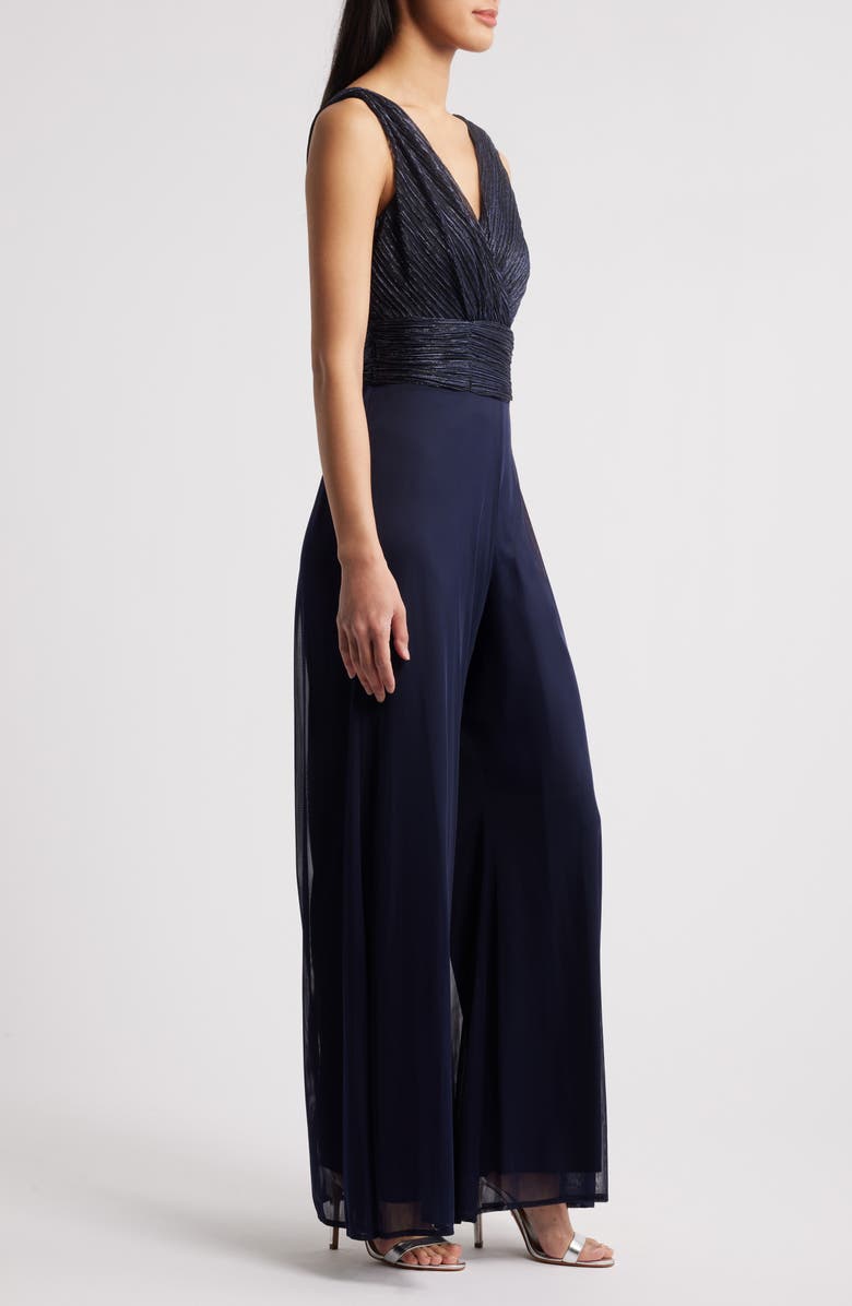 Connected Apparel Metallic Plissé Mixed Media Wide Leg Jumpsuit, Alternate, color, Navy