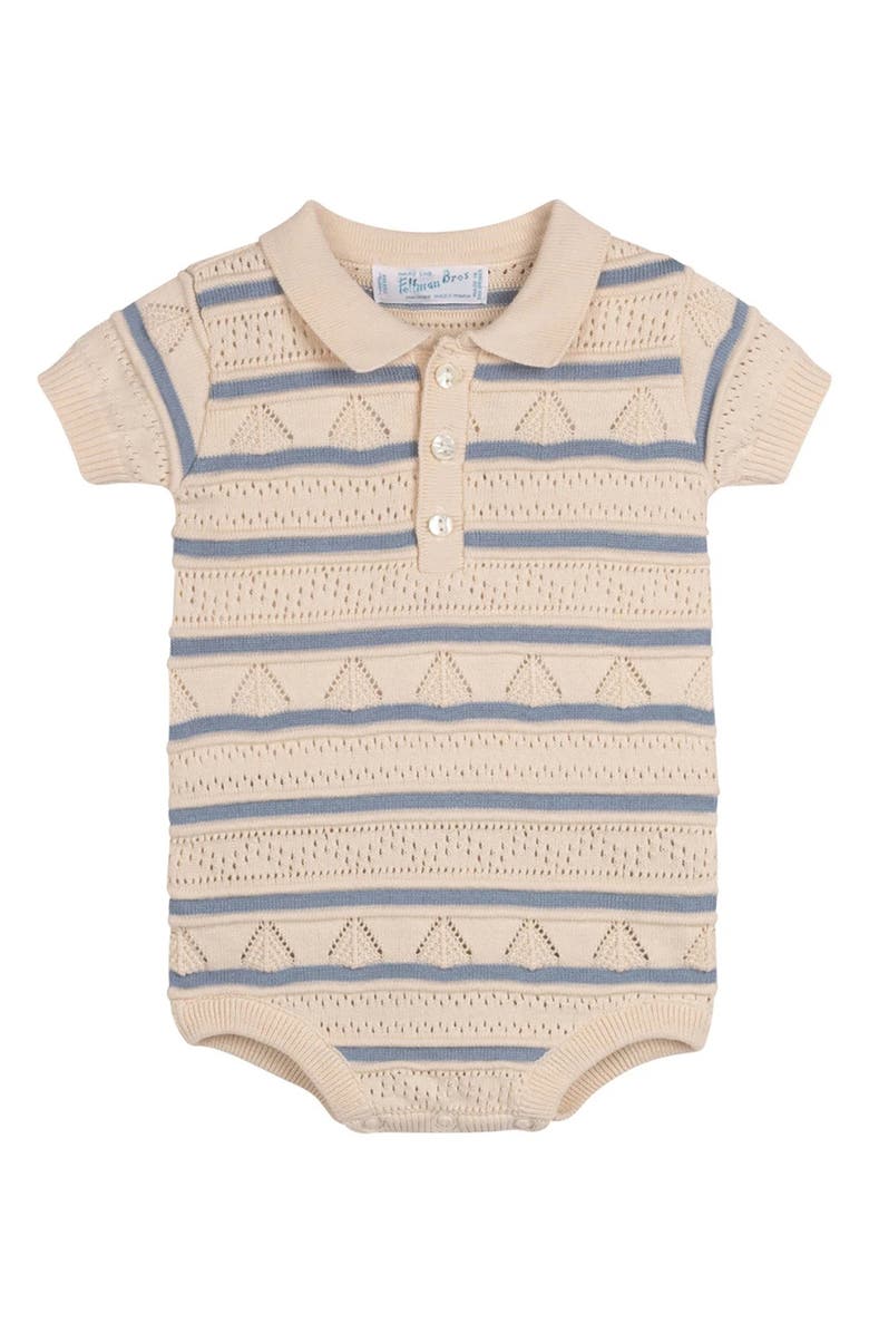 Feltman Brothers Pointelle Knit Cotton Polo Bodysuit, Main, color, Ecru/ Blue