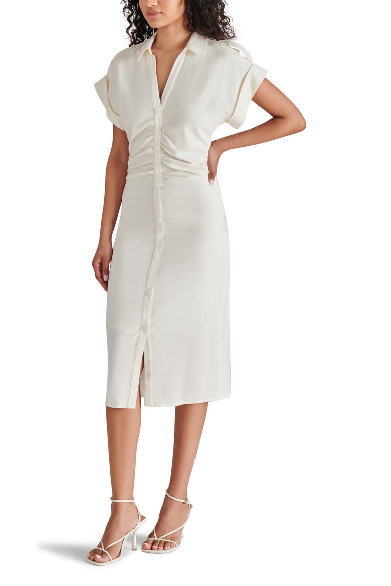 Cambrie Ruched Linen Blend Midi Dress, Alternate, color, IVORY