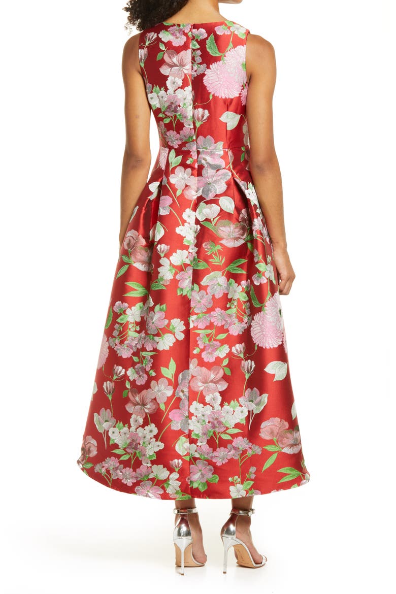 Floral Metallic Jacquard Cocktail Dress, Alternate, color, RED