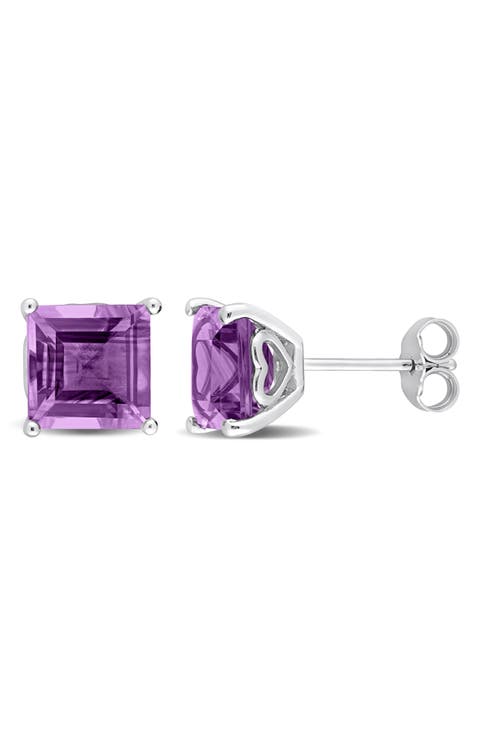 Sterling Silver Lab-Created Amethyst Square Stud Earrings