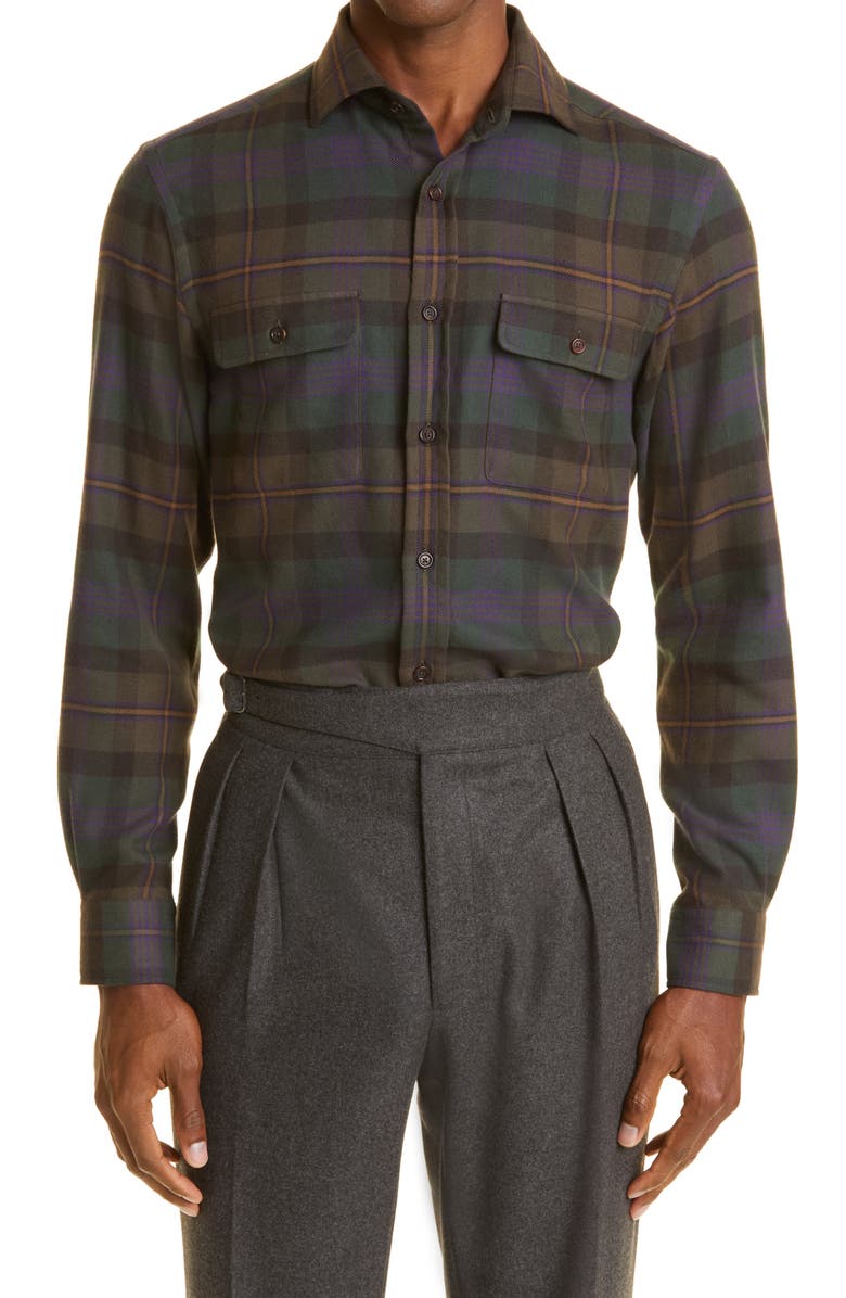 Ralph Lauren Purple Label Plaid Cotton Flannel Button-Up Shirt, Main, color, Loden Multi