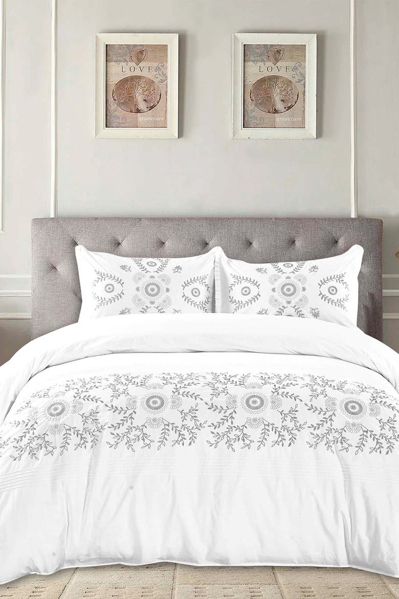 Midas Embroidered Duvet 3-Piece Set, Main, color, GREY/ WHITE