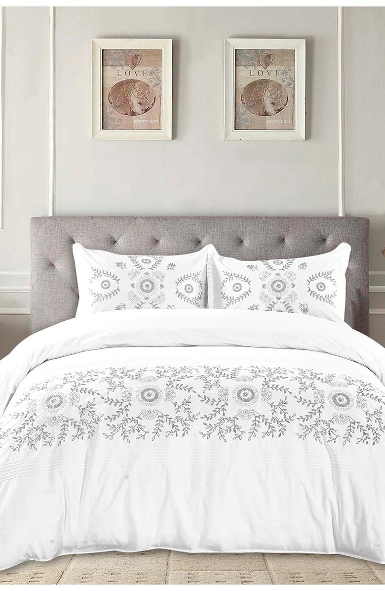MELANGE HOME Midas Embroidered Duvet 3-Piece Set, Main, color, Grey/ White
