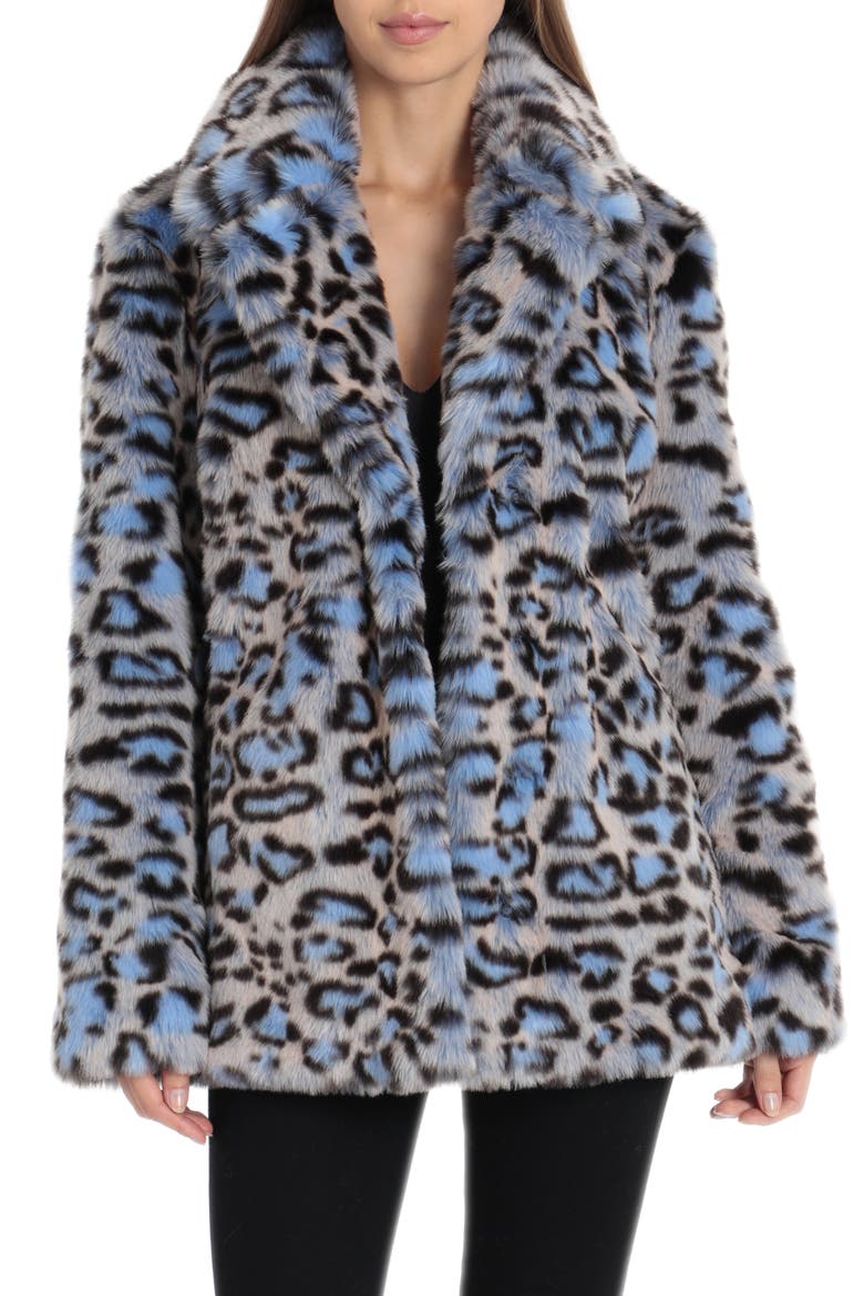 Animal Print Faux Fur Coat, Main, color, BLUE LEOPARD