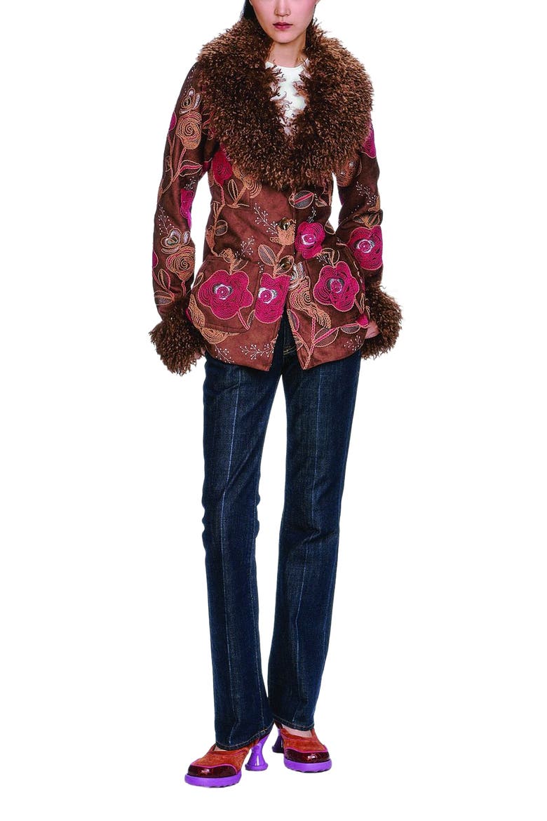 Poiret Rose Embroidered Faux Suede Faux Fur Trim Jacket, Alternate, color, Caramel Multi