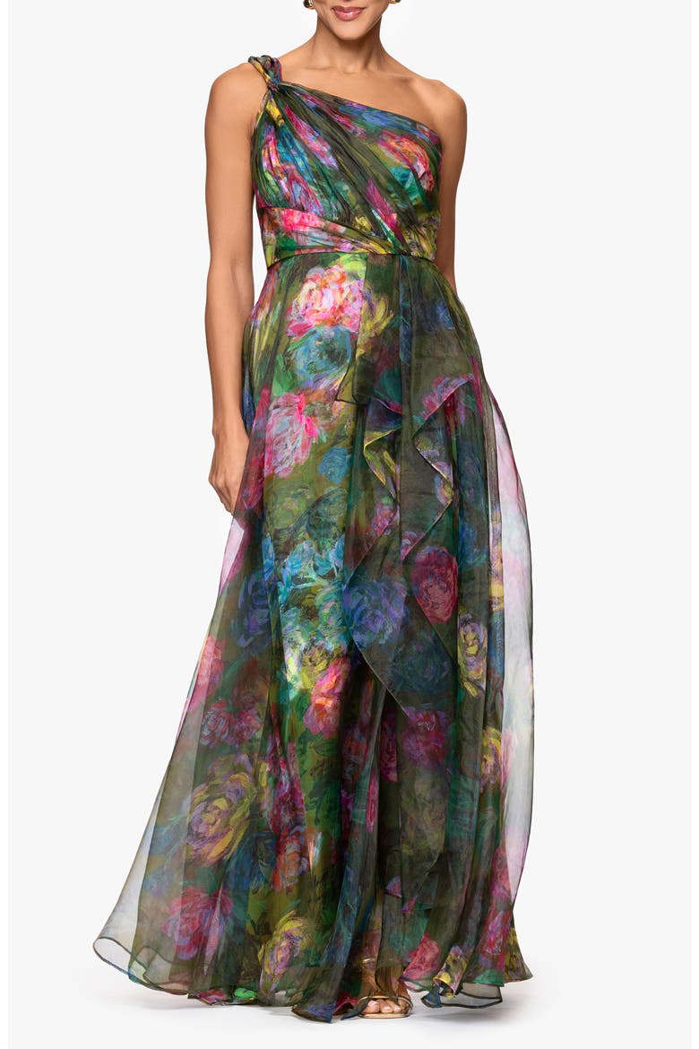 One-Shoulder Floral Organza Gown, Main, color, GREEN/ MULTI