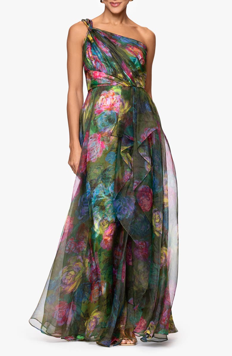 Xscape Evenings One-Shoulder Floral Organza Gown, Main, color, Green/ Multi