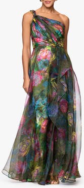 Xscape Evenings One-Shoulder Floral Organza Gown
