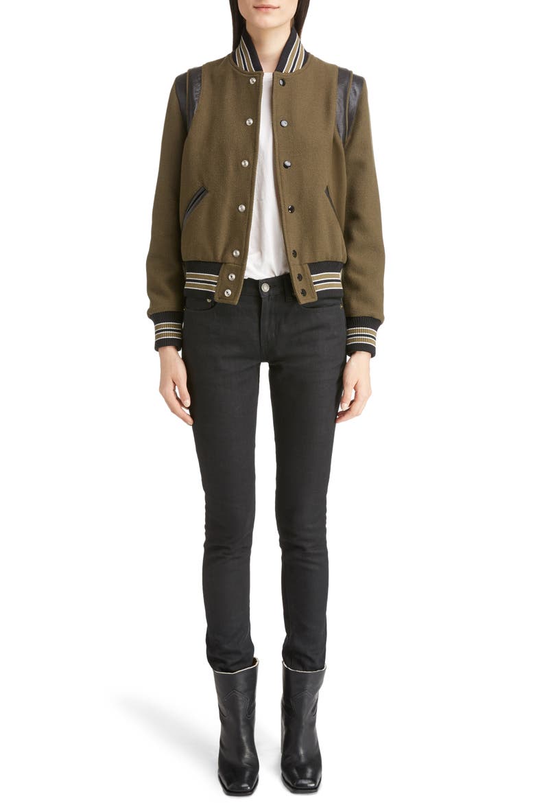 Leather Trim Classic Teddy Jacket, Alternate, color, KHAKI/ BLACK
