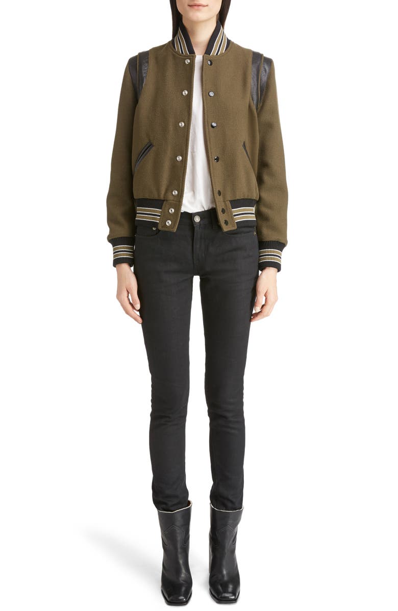 Saint Laurent Leather Trim Classic Teddy Jacket, Alternate, color, 