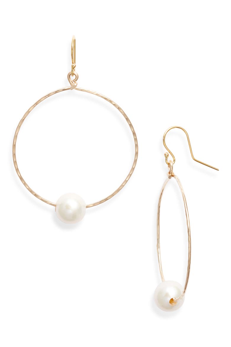 Alii Large Freshwater Pearl Hammered Hoop Earrings, Main, color, GOLD
