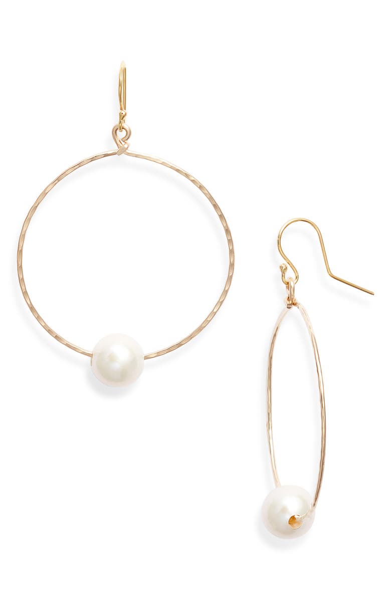 Kiara by Ki-Ele Alii Large Freshwater Pearl Hammered Hoop Earrings, Main, color, Gold