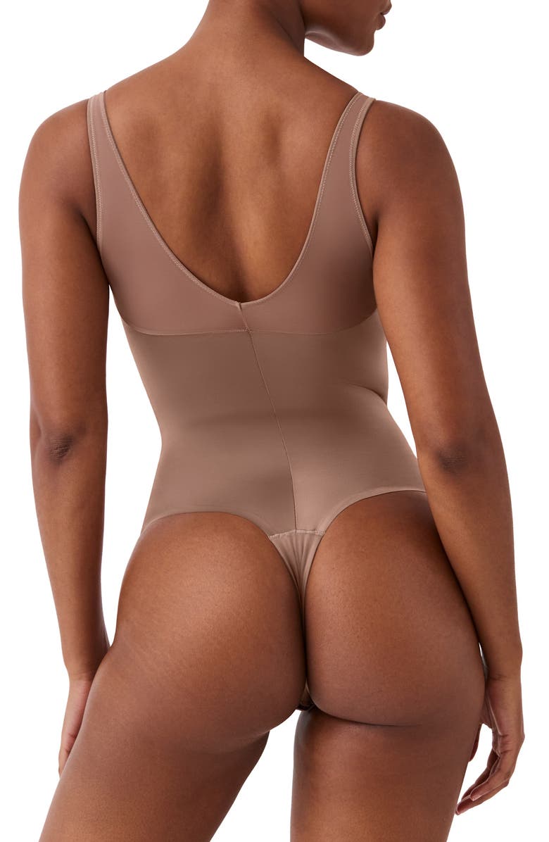 SPANX<sup>®</sup> Shaping Satin Thong Bodysuit, Alternate, color, Cafe Au Lait