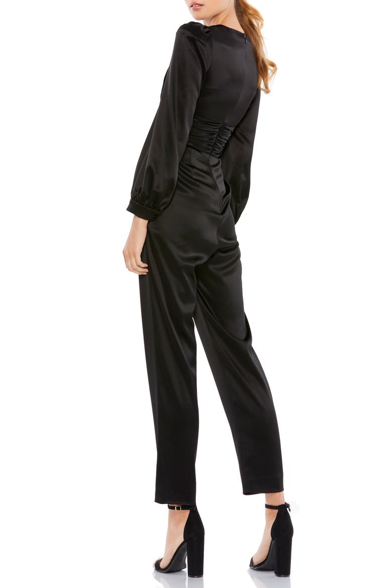 Plunge Neck Long Sleeve Satin Jumpsuit, Alternate, color, BLACK