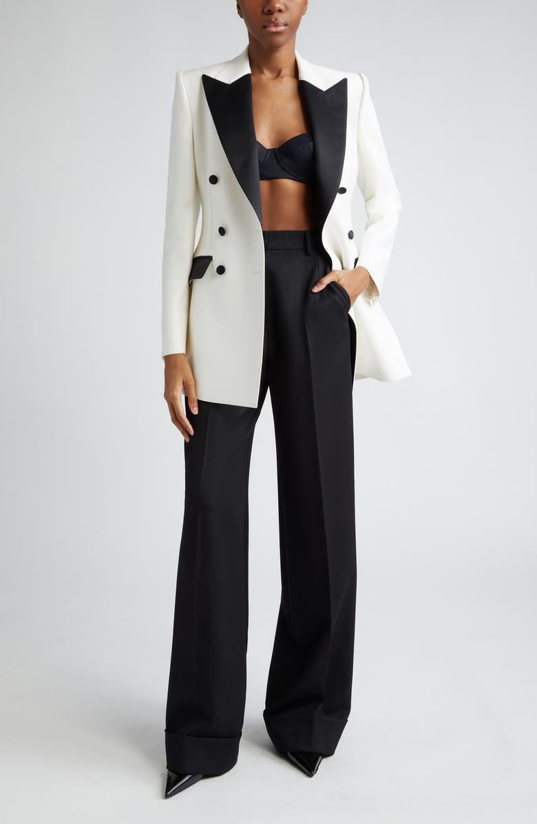 Dolce&Gabbana Contrast Detail Double Breasted Wool Blend Blazer, Alternate, color, Bianco Ottico