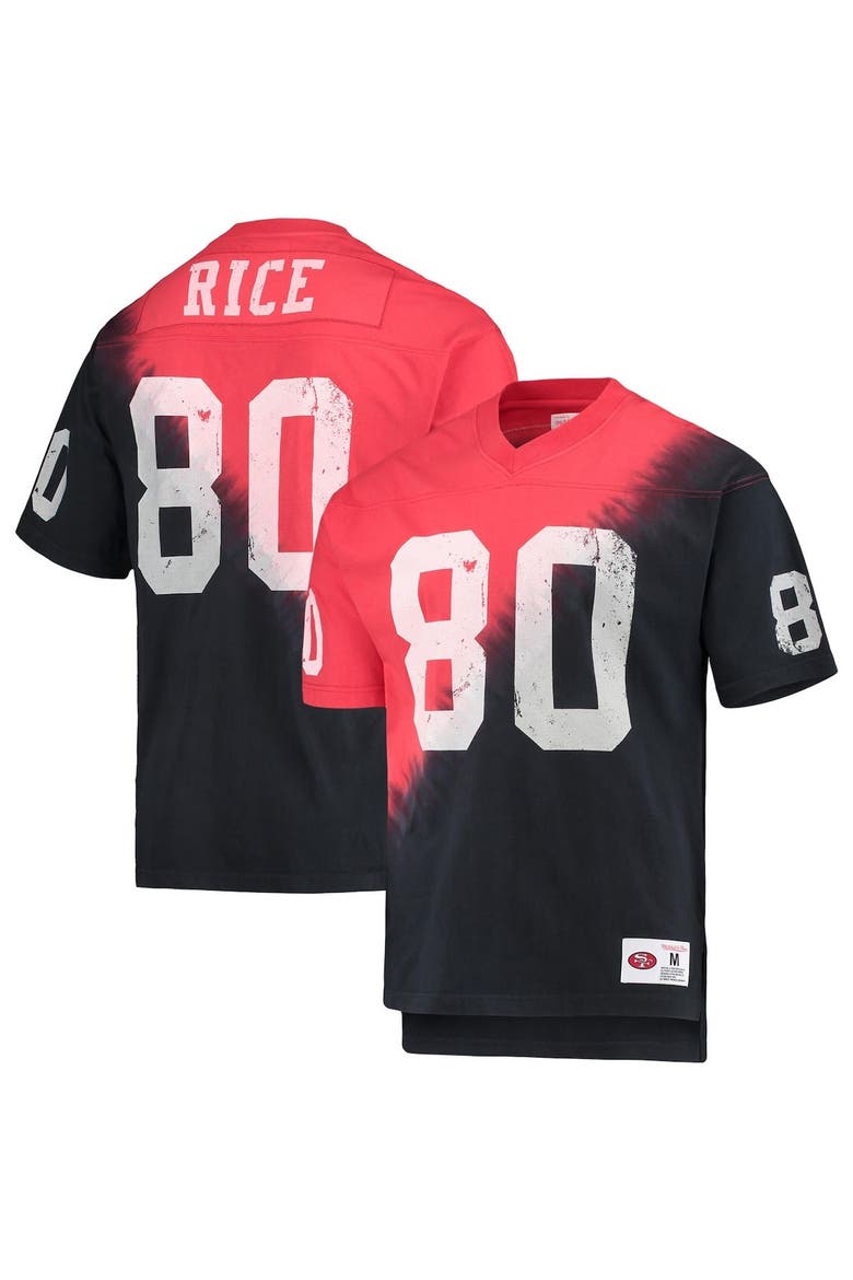 Men's Mitchell & Ness Jerry Rice Black/Red San Francisco 49ers Retired Player Name & Number Diagonal Tie-Dye V-Neck T-Shirt, Main, color, Black