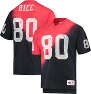 Mitchell & Ness Men's Mitchell & Ness Jerry Rice Black/Red San Francisco 49ers Retired Player Name & Number Diagonal Tie-Dye V-Neck T-Shirt