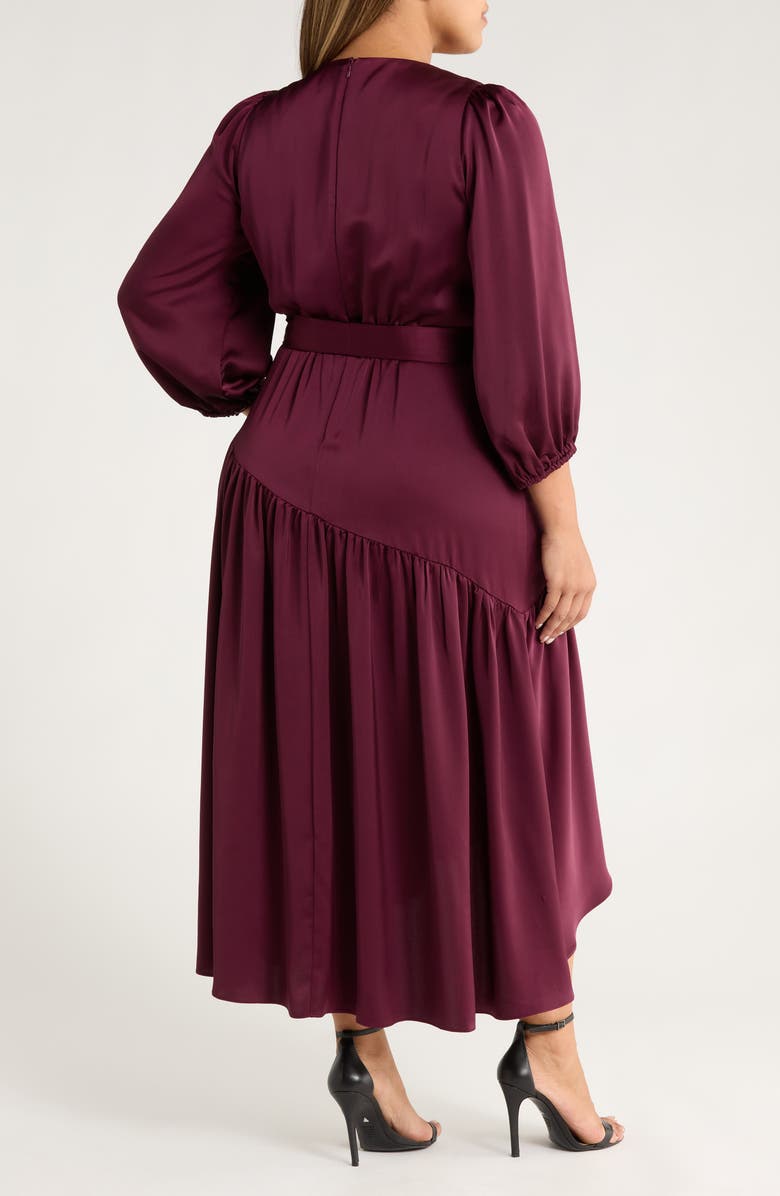 Anne Klein Tie Waist Long Sleeve Satin High/Low Maxi Dress, Alternate, color, Dark Chianti