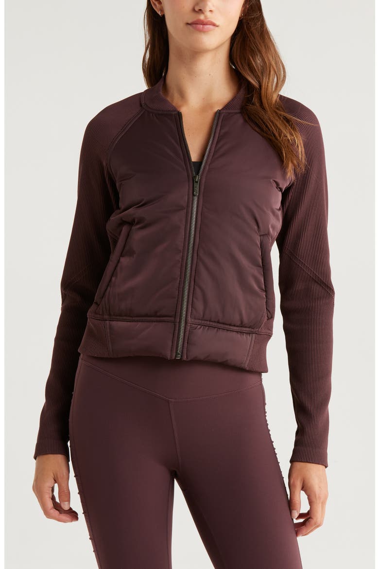 Seamless Mixed Media Bomber Jacket, Alternate, color, BURGUNDY FUDGE