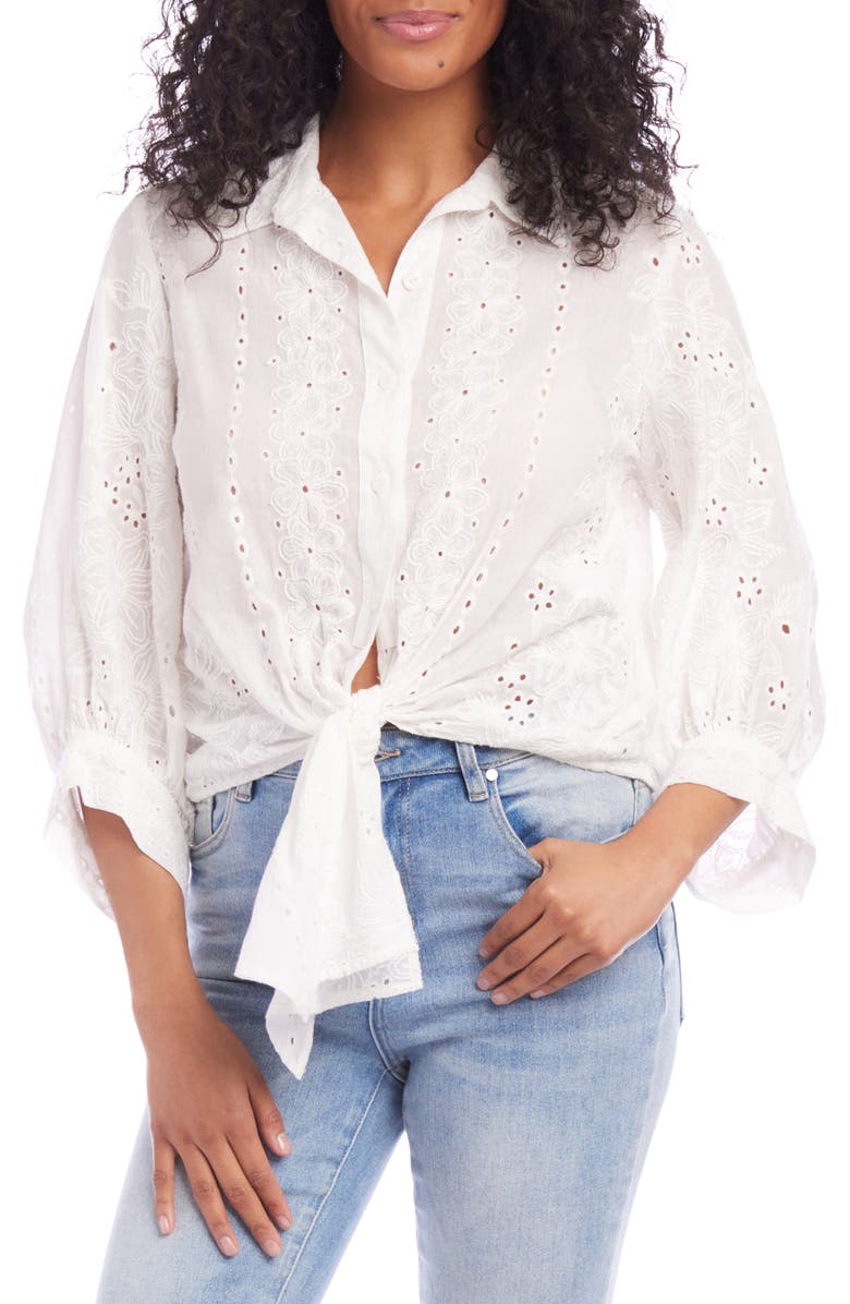 Karen Kane Embroidered Eyelet Tie Front Cotton Shirt, Main, color,